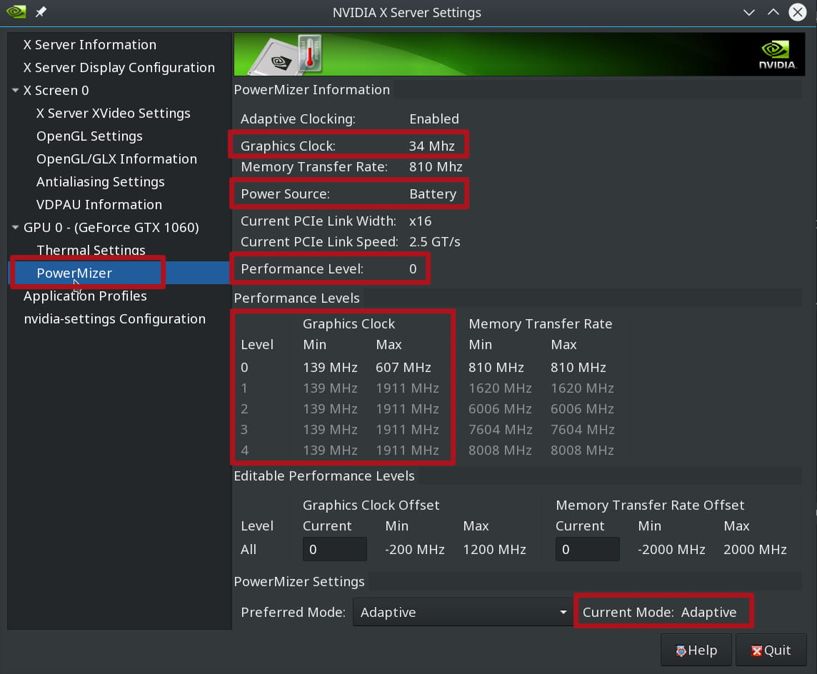 PowerMizer tab in the Nvidia X Server Settings application